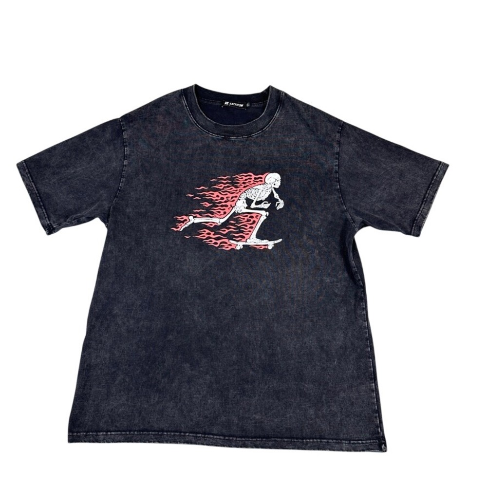 LAIXTON Mens 2XL Skeleton Skateboarder Flame Graphic Acid Wash Tee Charcoal